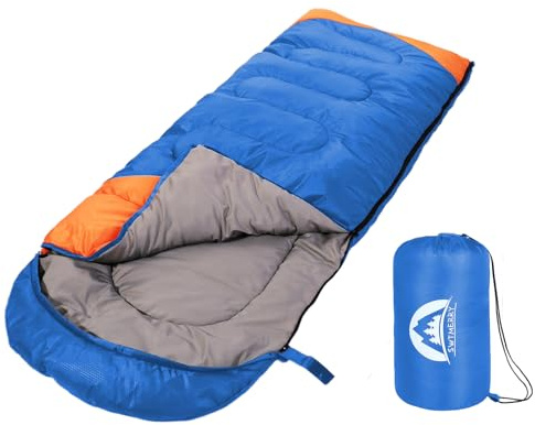 Sleeping Bag 3 Seasons (Summer, Spring, Fall) Warm & Cool Weather - Lightweight,Waterproof Indoor & Outdoor Use for Kids, Teens & Adults for Camping Hiking, Backpacking and Survival (Blue Orange)