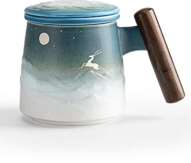 TANG PIN Moon Deer Keramik-Teetasse mit Teesieb und Deckel, Kaffeebecher mit Sieb und Holzgriff, 411 ml (blau & weiß)
