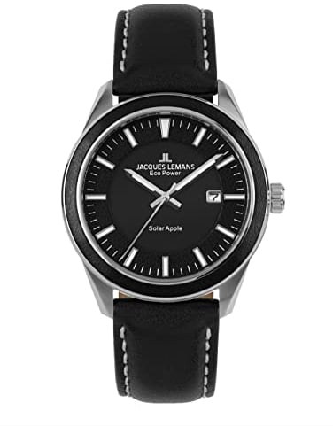 JACQUES LEMANS Herrenuhr, Eco Power Uhren Männer, Chronograph aus massivem Edelstahl mit Apfel-Leder Armband, Herrenuhr großes Ziffernblatt - Suit for Men, Model 1-2116A, Arm Herrenuhr groß