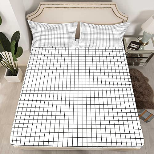 Weißes Gitter Bettlaken Set für Kinder Mädchen Jungen Niedlich Plaid Spannbettlaken 160x200cm Modernes Geometrisches Spannbetttuch Kariert Streifen Dekor Bauernhaus Buffalo Kein flaches Blatt