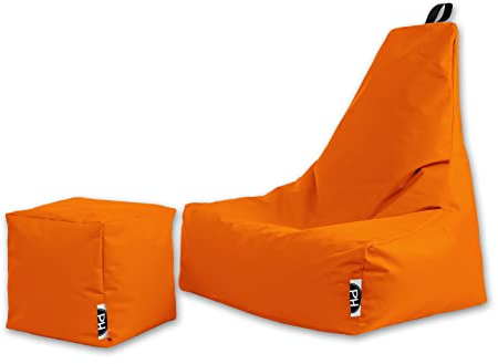 PATCH HOME Sitzsack Sitzkissen Beanbag Premium Lounge Gaming Sessel inkl. Würfel | 2 Größen In & Outdoor geeignet fertig befüllt H:82cm | T:70cm | B:75cm + 35x35cm Würfel Orange