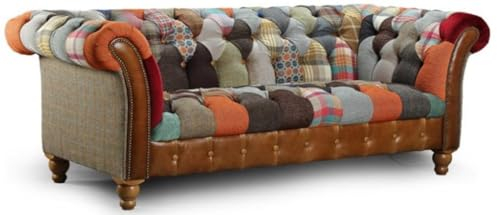 Casa Padrino Luxus Chesterfield 3er Sofa Mehrfarbig/Grau/Braun 235 x 95 x H. 85 cm - Wohnzimmer Sofa mit Echtleder - Chesterfield Wohnzimmer Möbel