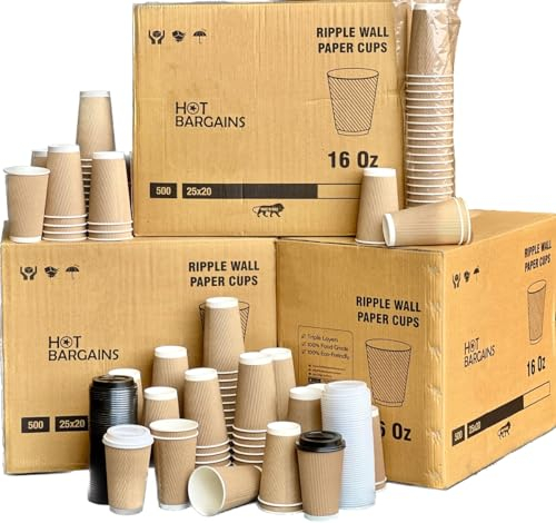 HOT BARGAINS, 200 X 16oz Paper Cups with Lids Disposable Kraft Triple Walled Cups + 200 X Sip Through Lids