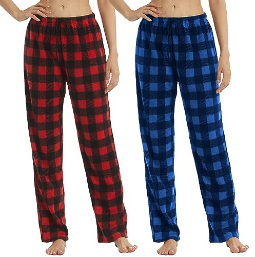 2 Stück Damen Pyjamahose Fleece Buffalo Plaid Pyjama Hose Weich Kordelzug Lounge Nachtwäsche für Damen, Rotes, schwarzes Karomuster und blaues schwarzes Karomuster, 42