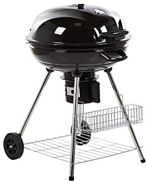 Holzkohle-Kugelgrill schwarz Stahl rollbar mit Thermometer Aschebehälter Marapi