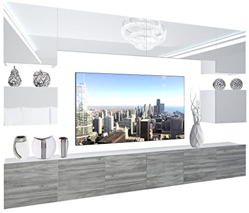 BELINI Wohnwand Vollausstattung Wohnzimmer-Set Moderne Schrankwand mit LED-Beleuchtung Anbauwand TV-Schrank Weiß/Glamourholz