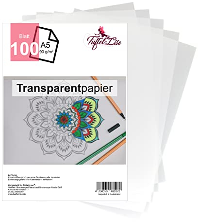Tüftel-Lise Premium Transparentpapier A5 mit 100 Blatt | 90g Vielseitig verwendbar transparentes Pergamentpapier z.B. als Pauspapier, Architektenpapier, Skizzenpapier. Ideal zum bedrucken und zeichnen