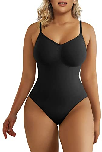 SHAPERX Bodysuit Figurenformend Damen Body Shaper Bauchweg Sculpting Shapewear Tanga Ganzkörper Formende Bodys Verstellbarer Schultergurt, UK-SZ5215-Black-S/M