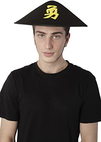 Sombrero Chino Mandarín de Fieltro o Satén para Disfraz de Oriental, Carnaval y Fiesta Temática, Talla única (Talla única, HJ-10-NEGRO)