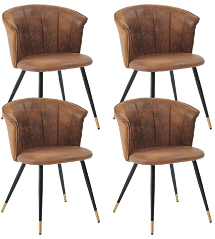 MEUBLE COSY Lot de 4 Chaises de Salle à Manger Rétro Fauteuil Assise Rembourrée en Similicuir Pieds en Métal Noir et Or pour Cuisine Salon Chambre Bureau, Style Industriel Marron/Noir/Or 55x58x75.5cm