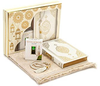 ihvan online Prayer Gift Box for Hajj and Umrah, Prayer Rug, Beads, Holy Quran, Deluxe Set for Ramadan & Eid Gift, White/Set 2