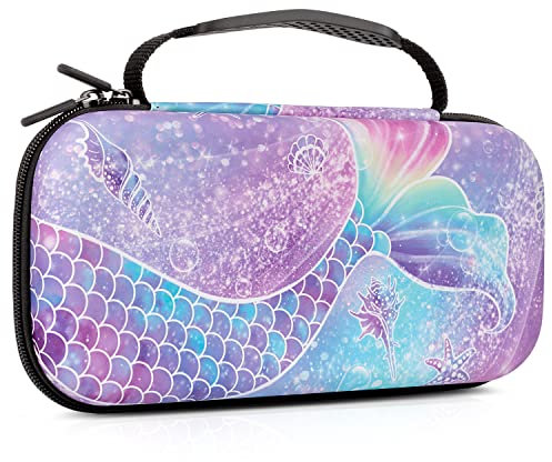Lokigo Nintendo Switch OLED Case, Mermaid Tail Purple Soft TPU Cover, 20 Game Card Slots, Zipper Closure, Nylon Strap