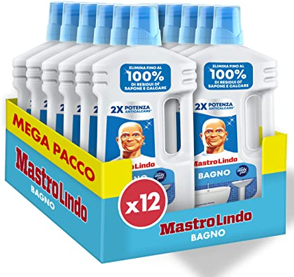 Mastro Lindo Detersivo Bagno, Anticalcare Liquido, Freschezza Ambi Pur, Tecnologia Anti-Goccia, Rimuove fino al 100% di Residui di Sapone e Calcare, Doppia Potenza Anticalcare (12 x 930ml)