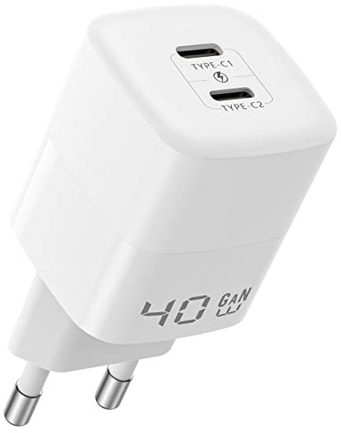 BZONE 40W USB-C Ladegerät, GaN III Tech 2-Port 20W USB C Stecker, PD 3.0 PPS Netzteil Schnellladegerät Kompatibel mit iPhone 14/13/12/11, Samsung Galaxy, Google Pixel, Huawei (Kabel Nicht Inklusive)