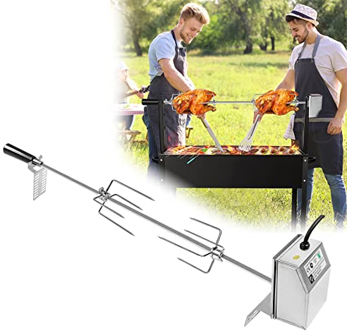 LARS360 Edelstahl Grillspieß Set 107cm mit 2 Stück Fleischnadeln, Griffstück und Edelstahl Motor 220V-240V, für Drehspieß für Gasgrill, Rotisserie, Drehspieß