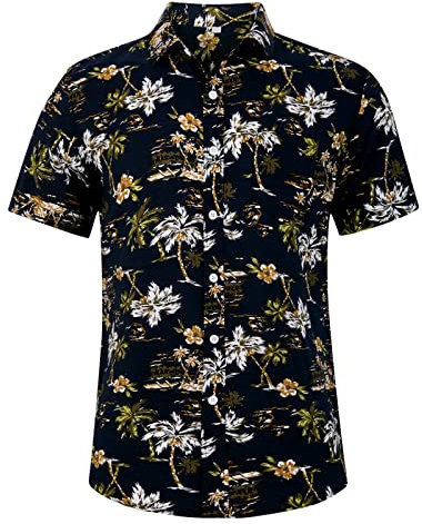 Loveternal Funky Hawaiihemd Herren Kurzarm Fronttasche Hawaii-Print Palme Blumenmuster XXL