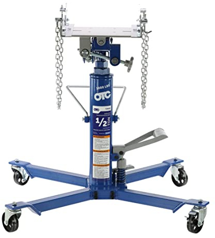 OTC TJH10 1,000 LB. Capacity High-Lift Transmission Jack with Universal Saddle, Tilting Head, Safety Chains, and Foot Operated Pump and Lowering Pedal