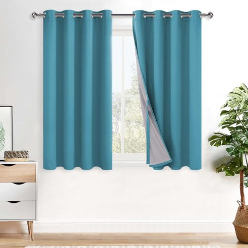 XWZO 100% Blickdicht Vorhänge, Doppellagige Dicker Verdunklungsvorhänge mit Ösen, Schallschutz Thermovorhänge 2er Set Schlafzimmer Gardinen, Blackout Curtain, 145x140 cm(HöhexBreite), Tealblau