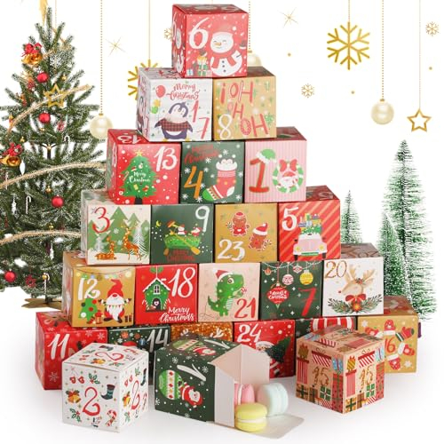 Hianjoo 24 Adventskalender zum Befüllen 2024, 24x Geschenkbox Weihnachten Klein, Weihnachtskalender Boxen zum Selber Basteln, Adventskalender Selber Basteln - Buntes Papier