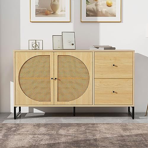 Sideboard Mit 2 Rattan Türen Und 2 Schubladen, Kommode Küchenschrank Aufbewahrungsschrank Mit Metallgriffe Und Metall Basis, Küchekommode Freistehender Schrank Buffetschrank Beistellschrank (Oak)