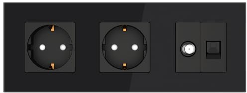 PULSAR Sat Anschlussdose/Netzwerkdose/Doppelsteckdose Unterputz 3 Fach Schwarz mit Glas Rahmen, Antennendose und CAT5E RJ45 8P8C Ethernet Buchse SAT/Netzwerk Dose/Steckdose Kombination