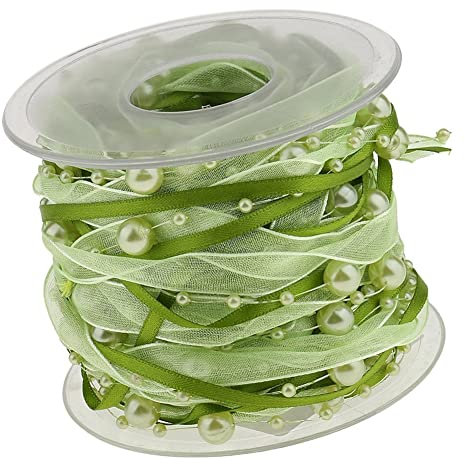 Yurosiay 10m Organza Perlenband 10mm Breite Zweifarbiges Organza Satin Perlenband Handgefertigt Chiffonband Mit Perlen Geschenkband Schleifenband Perlen Dekoband Zierband für Hochzeit Grün