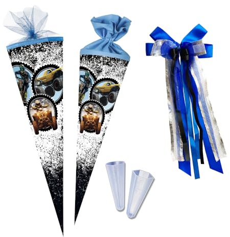 Nestler Schultüten-Set zum Befüllen, Handgemachte Zuckertüte aus Karton - Motiv Moto X-Treme, Schultüte, Spitzenschutz, Schleife (85 cm 6-eckig)