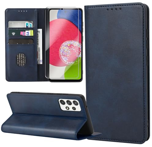 Handyhülle für Samsung Galaxy A52S 5G / Samsung Galaxy A52 5G / A52 4G Hülle mit Schutzfolie, Leder Schutzhülle Standfunktion Kartenfach Klapphülle Samsung A52S 5G / Samsung A52 Flip Case Cover, Blau