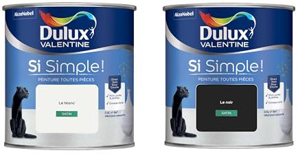 Dulux Valentine Peinture Si Simple Peinture Intérieure Toutes Pièces Satin - Peinture Murs et Plafonds, Portes et Plinthes - Lot de 2 - Couleurs : Le Blanc & Le Noir 0,5 L
