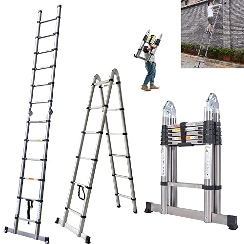 3.8M 12.5ft A Frame Telescopic Folding Ladder Stainless steel Extendable Extension Foldable Portable Steps Ladders Indoor Outdoor 330lbs Load Capacity (1.9+1.9m)