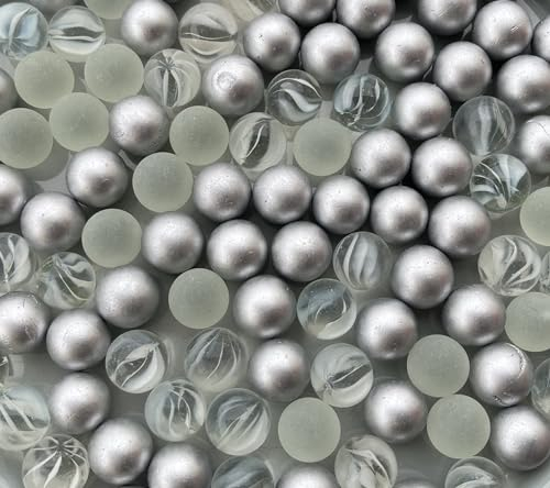 FAIRY TAIL & GLITZER FEE 100 Murmeln Silber Klare Mischung Glaskugeln 16mm Murmelspiel EIS Klar Murmel