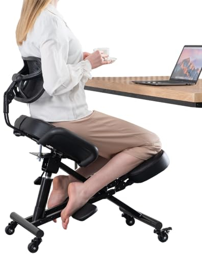 YOOTMEEN Kniestuhl mit Rückenlehne, ergonomisch für Büro, verstellbarer Hocker mit abgewinkeltem Sitz für bessere Haltung, dicke, bequeme Kissen, schwarz