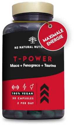 T - Power Potenciador Natural Masculino con Maca, Ginseng, Fenogreco, L-Taurina, Pimienta Negra. Estimulante + Fuerza + Resistencia + Energía. Pre-entreno. 30 Cápsulas. Vegano. N2 Natural Nutrition