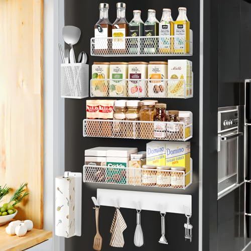 Kmise 7pcs weiß Magnetisch Gewürzregal für Kühlschrank, Hängende Metall Gewürzregal Ohne Bohren mit starken Magneten einschließlich Papierhandtuchhalter, Küchengeschirrhalter，Haken-Rack
