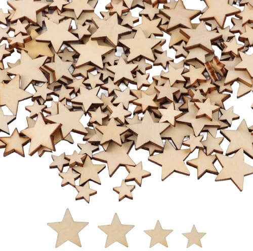WOPPLXY 1000 Stück Holzsterne zum Basteln, 4 Verschiedene Größen Sterne Holz Klein, 1 bis 2 cm Holzsterne Streudeko für DIY Handwerk, Hochzeit,Geburtstag, Weihnachts Deko, Tischdeko