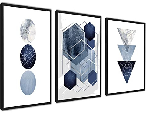 3er Set Poster 40x50cm Mit Rahmen Schwarz Wanddeko Wohnzimmer Schlafzimmer | Moderne Dreiecke und Kreise Triptychon Abstrakt Blau-Silber Wand-Deko Wohnzimmer Schlafzimmer, Ideal als Geschenk, Flur