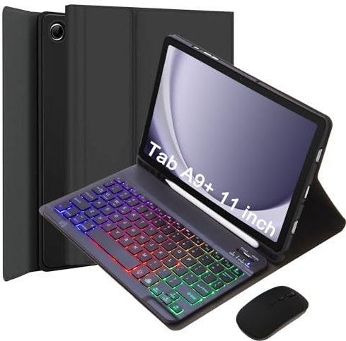 VLEAQC Keyboard Case for Samsung Galaxy Tab A9+/A9 Plus 11 Inch 2023 (SM-X210/X216/X218), Detachable Color Backlit Bluetooth Keyboard and Mouse, Slim Lightweight Stand Cover with Pen Holder,Black