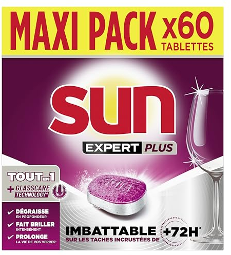 SUN - pastilles lave-vaisselle Tout en 1 Expert Plus - 60 tablettes - regular - imbattable sur les taches incrustées de + de 72h - Fabriqué en France