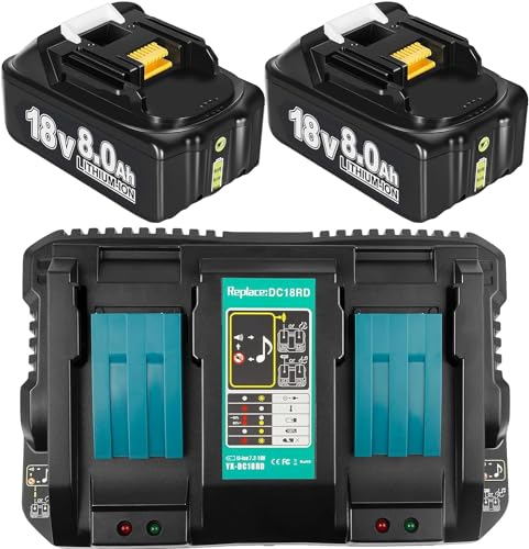 2X 18V 8.0Ah/8000mAh Ersatzakku für makita akku 18v mit ladegerät DC18RD Dual Port 4A Ersatzakku für Makita akku BL1860B BL1850B BL1830 BL1860 BL1860B BL1820 BL1815 BL1860 BL1860B BL1835