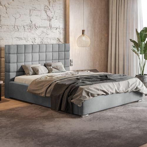 MOTIVENA Paris Polsterbett 160x200 mit Bettkasten, Bett 160x200 mit Lattenrost, Bett 160x200 mit Stauraum, Stauraumbett 160x200, mit Kopfteil, ohne Matratze, Samt, Grau (Hellgrau)