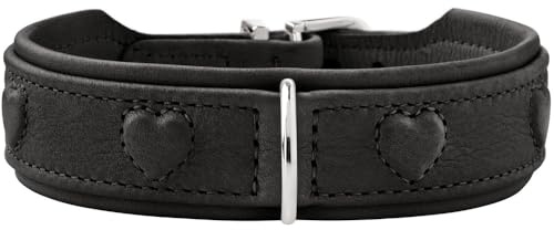 HUNTER Hundehalsband SOHO X Love, Farbe: schwarz, Rindsleder, weich & geschmeidig, gepolstert & fellschonend, eingenähte Herzen, leicht, für kleine Hunde & Welpen, Made in Germany, Größe: 47