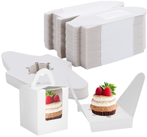 YOUNTHYE 150PCS Individual Cupcake Boxes, Single Cupcake Boxes with Window and Inserts, White Cupcake Boxes with Handle for Birthday Parties, Weddings, Church Bakery Party