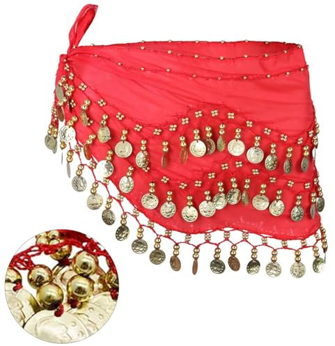 Butyeak Chiffon Hüfttuch,Damen BauchtäNzerin KostüM,Tanztuch mit Münzen für Bauchtanz,Schwarz Bauchtanz Hüfttuch,für Mädchen Frau für Performance Kostüm Bauchtanz Yoga Kurs(Rot