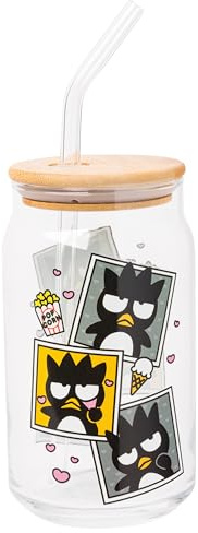 Silver Buffalo Sanrio Hello Kitty and Friends Badtz-Maru Polaroids Glas mit Bambusdeckel und Glasstrohhalm, 473 ml