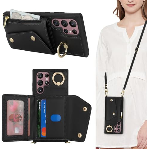 Lipvina Hülle für Samsung Galaxy S22 Ultra Hülle mit Band Kartenhalter handyhülle Hülle für Samsung Galaxy S22 Ultra mit Reißverschluss Band Ring Ständer Case für Frauen - Schwarz