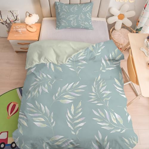Linfye Kinderbettwäsche 100x135 cm Baby Bettwäsche Set Grüne Blätter Weich Bettbezug 2 Teilig mit Reißverschluss - Botanisches Muster Kinder Bettbezüge 100 x 135 cm + 1 Kissenbezug 40x60 cm