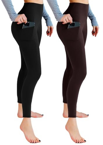 Leafigure 2er Pack Sport Leggings Damen High Waist Sporthose Damen Mit Taschen Gym Leggings Blickdicht für Sport Yoga Schwarze/Braun SM