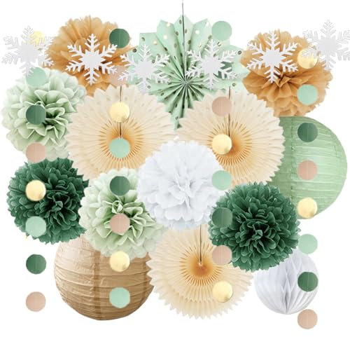 Sage Green and White Christmas Decorations Hanging Christmas Decorations Indoor Paper Lanterns Fans Snowflakes Sage Green Paper Christmas Decorations for Winter Baby Shower Bridal Shower Wedding