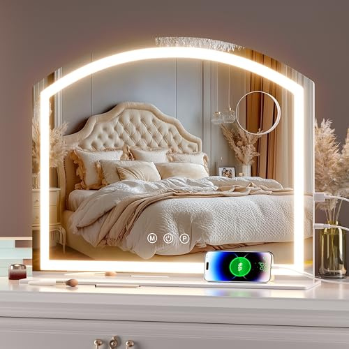 Hasipu Schminkspiegel mit Beleuchtung, 60 x 50cm Hollywood Schminktisch Spiegel mit 10x-Lupe, Tischspiegel mit USB-Ladeanschluss, 3 Modi Dimmbar Kosmetikspiegel