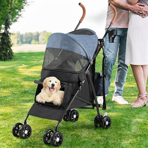 YITAHOME 4-Wheel Dog Pushchair with Shoulder Straps, Pet Stroller for Small to Medium Dogs, Folding Pet Travel Carriage with Cup Holder & Storage Bag (Blue Black)